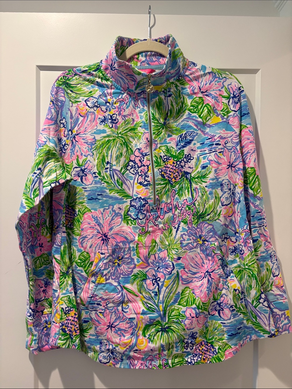 Vibrant Tropical Print Half-Zip Pullover - Pink, Blue, Green